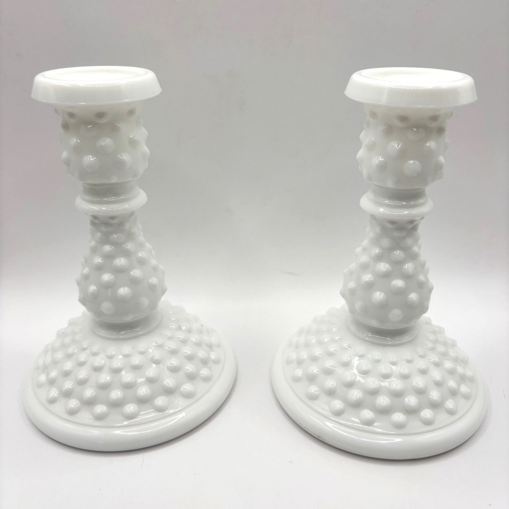 Fenton White Milk Glass Hobnail Candlestick Holders Vintage Pair 6 inch